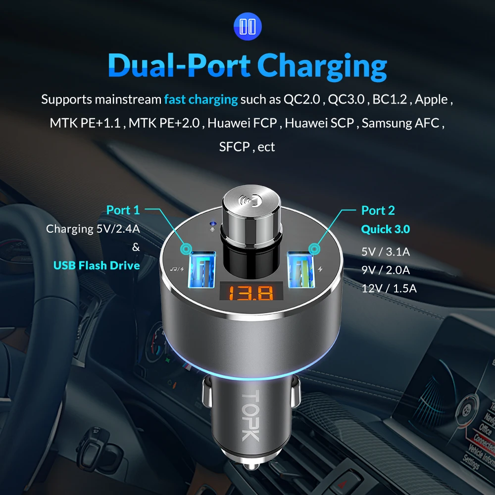 TOPK автомобильное зарядное устройство беспроводной Bluetooth fm-передатчик Громкая связь автомобильный аудио mp3-плеер QC3.0 Быстрая зарядка двойное автомобильное usb-устройство для зарядки телефона