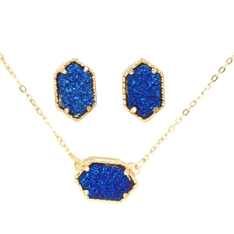 10 видов цветов Druzy Drusy ожерелье серьги гвоздики с шестигранным кристаллом из