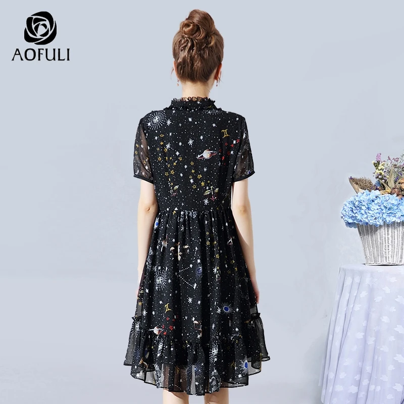2XL/3XL/4XL/5XL шифоновое платье с принтом Галактики, подиумное женское платье большого размера с коротким рукавом-фонариком и высокой талией, AOFULI 00911