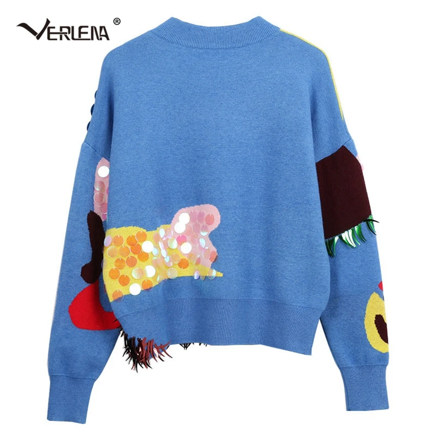 Verlena Korean Fashion Blue Jumper Colorful Shine Sequins Details Sweater Women Clothing Long Sleeve Tops Pullovers Pull Femme | Женская