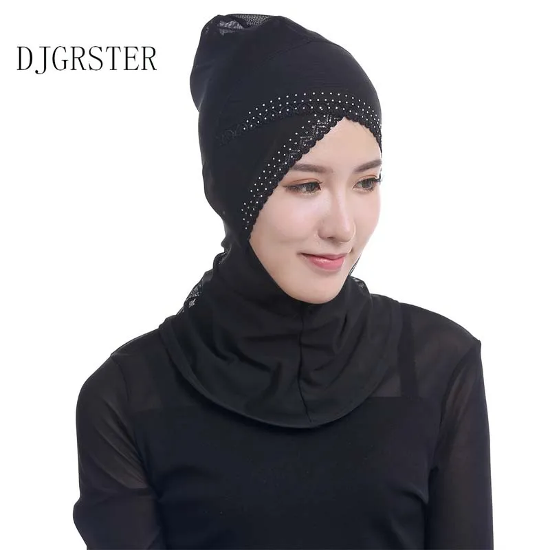 DJGRSTER алмазное кружево исламский хиджаб шарф Джерси Хиджаб Шапки шелк