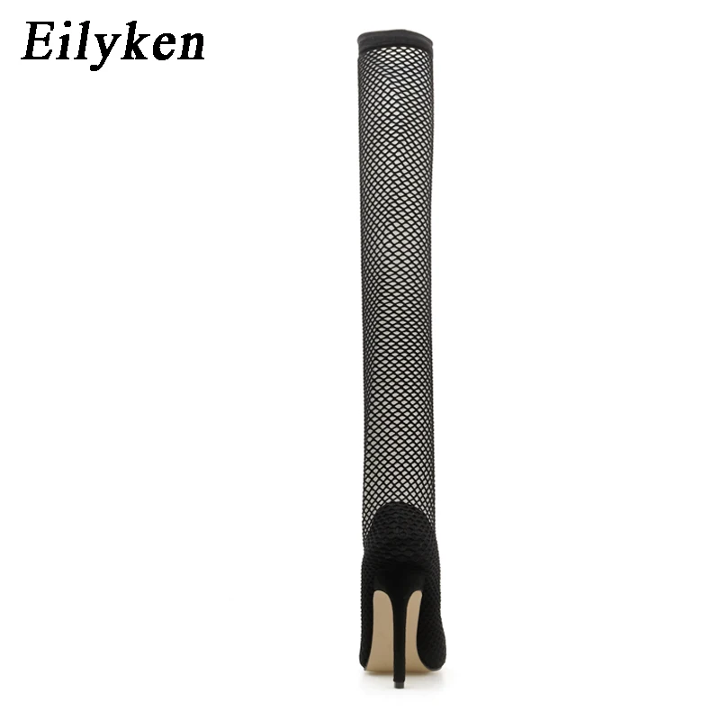 Eilyken/Новые летние женские сапоги модные сапоги с острым носком на высоком каблуке, сандалии Осенняя пикантная черная обувь выше колена размер 42