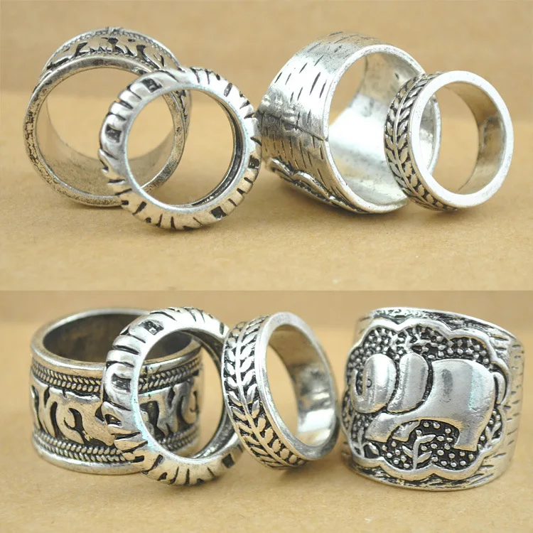 4pcs/Set Vintage Antique Silver Color Elephant Ring Set Ethnic Style Totem Leaf Lucky Rings for Women Boho Female Jewelry | Украшения и