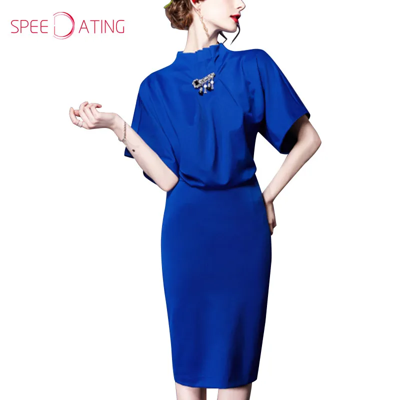 Vintage Fashion Band Collar Batwing Sleeve Brooch Midi Bodycon Dress Short High Neck Women Party Dresses 2017 SPEEDATING | Женская