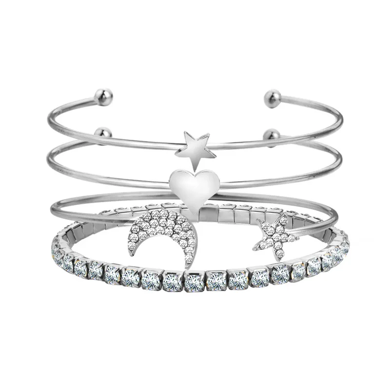 4 Pcs/set Simple Moon Star Heart Crystal Bracelet Party Jewelry Accessories For Women New Bangle | Украшения и аксессуары