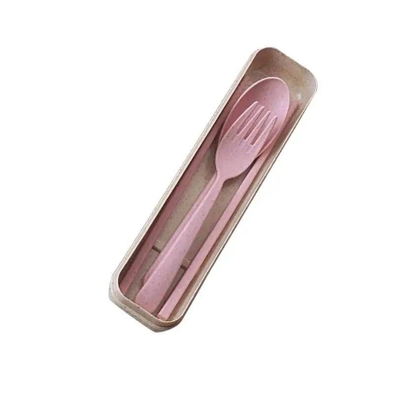 Pink 4 цвета, натуральная Пшеничная солома, креативные столовые приборы, набор посуды для путешествий, портативная посуда, включая ложку, палочки для еды, подарочная коробка - Цвет: Pink