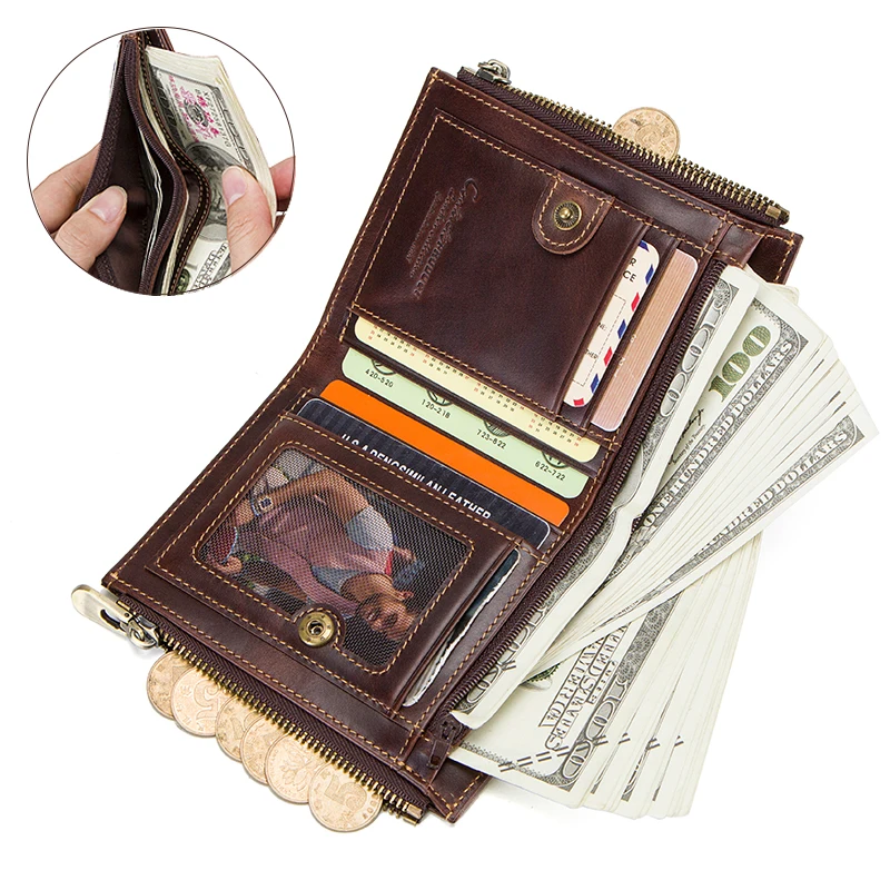 Контакта Crazy Horse из натуральной кожи кошелек Для мужчин портмоне бумажник, кошелек держатель для карт ко с двойной молнией, сумочка для денег с цепочкой RFID