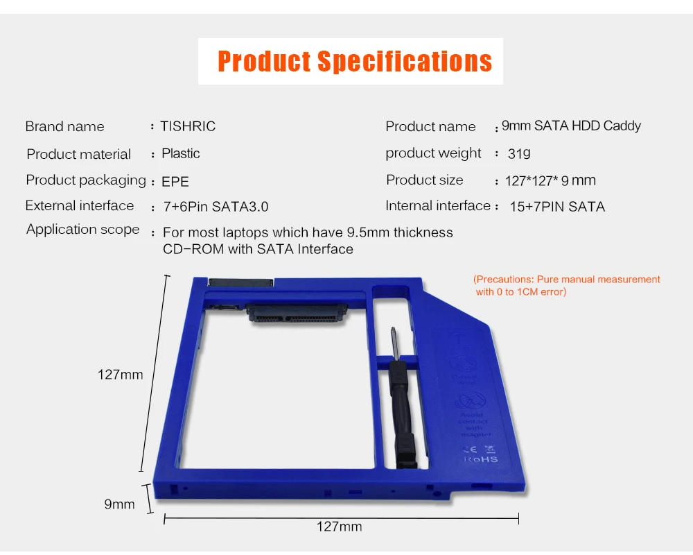 TISHRIC 2nd 2,5 HDD SSD жесткий диск внешний 9,5 SATA 3,0 Caddy Универсальный Optibay для 9,5/9 мм чехол для DVD-ROM