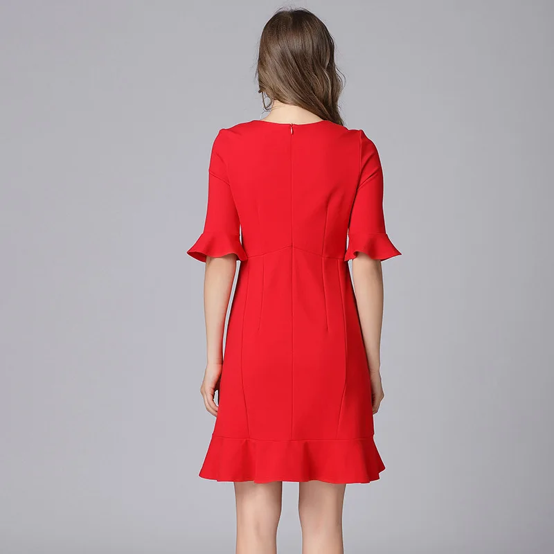 

L-5XL Flare Sleeve Dress Female Fashion Red Toast Vestidos Women Festive Slim Dresses Of The Big Sizes 2018 New Arrival