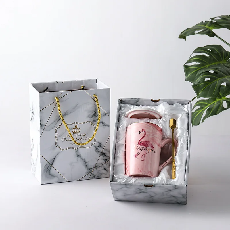 Pink-flamingok box Креативная круглая кружка с мраморным узором Цветная Керамическая чашка Фламинго Чай Молоко Кофе Кружка хорошо продается в помещении офис подарок чашки Посуда для напитков - Цвет: Pink-flamingok box