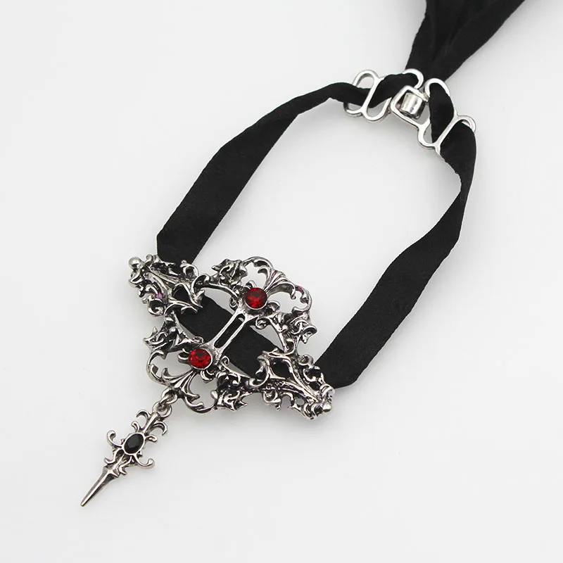 Neo-Gothic Halloween Punk Pendant Necklace For Women Black Lace Cross Red Green Crystal Chokers Gift Vampire Costume | Украшения и