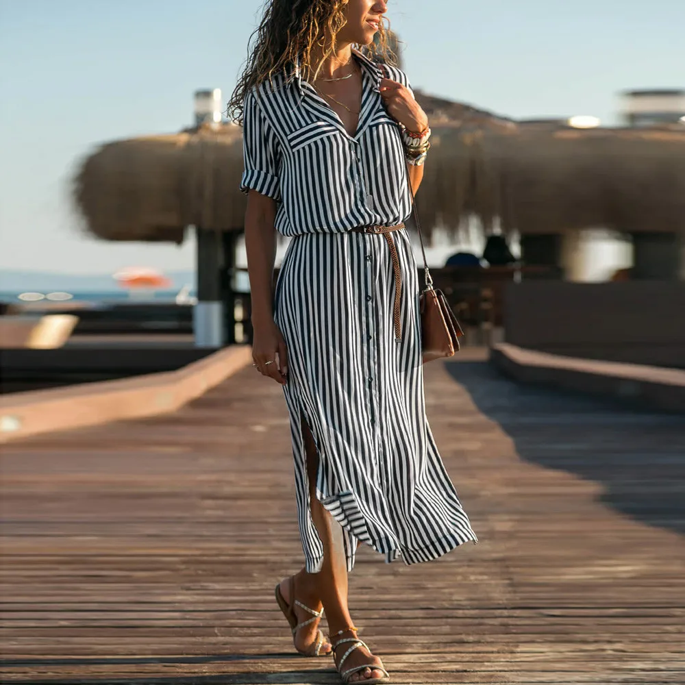 Женское Полосатое флейта для отпуска в богемном стиле Пляжное платье