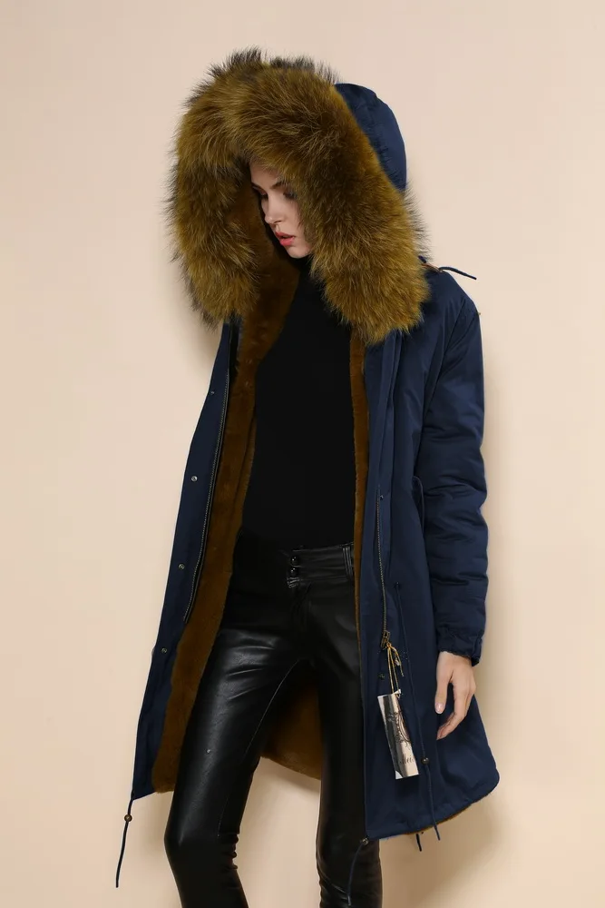 

Fashion womens warm dark blue winter coat 2017 natural color faux fur lined parka with big raccoon fur collar hood for ladies
