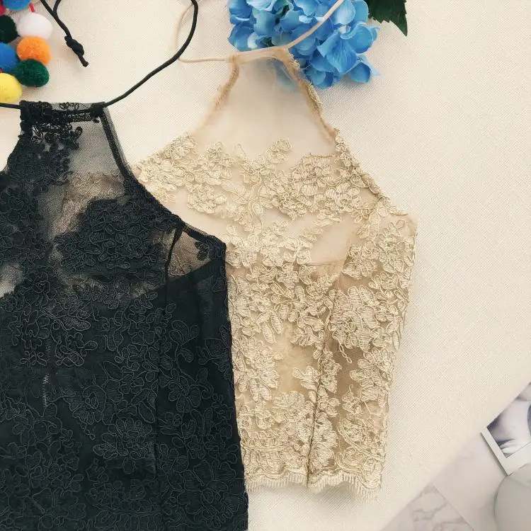 MUMUZI Mesh sheer lace cropped tops sexy halter neck thin vest summer fashion flower crochet spaghetti women | Женская одежда