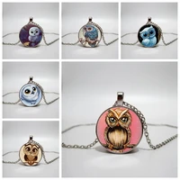 cute owl art pattern glass cabochon pendant necklace men and women gift necklace custom private picture