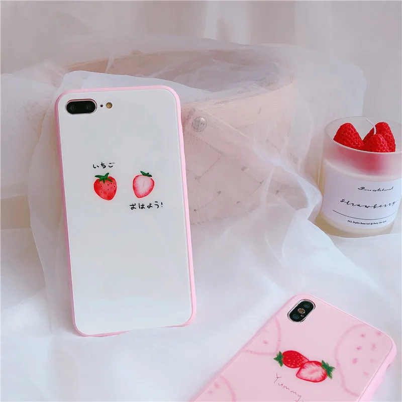 Каваи японский клубника письмо чехол для телефона для iPhone 6 6 Puls 6S 7 8 Puls X XS чехол s Закаленное стекло Мягкий силиконовый чехол