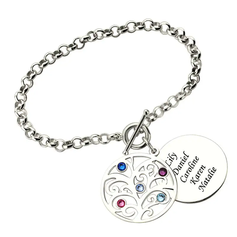 

AILIN Engraved Family Tree Bracelet with Birthstones Silver Mother Bracelet Custom Name Birthstone Bracelet Jewelry Gift for Mom