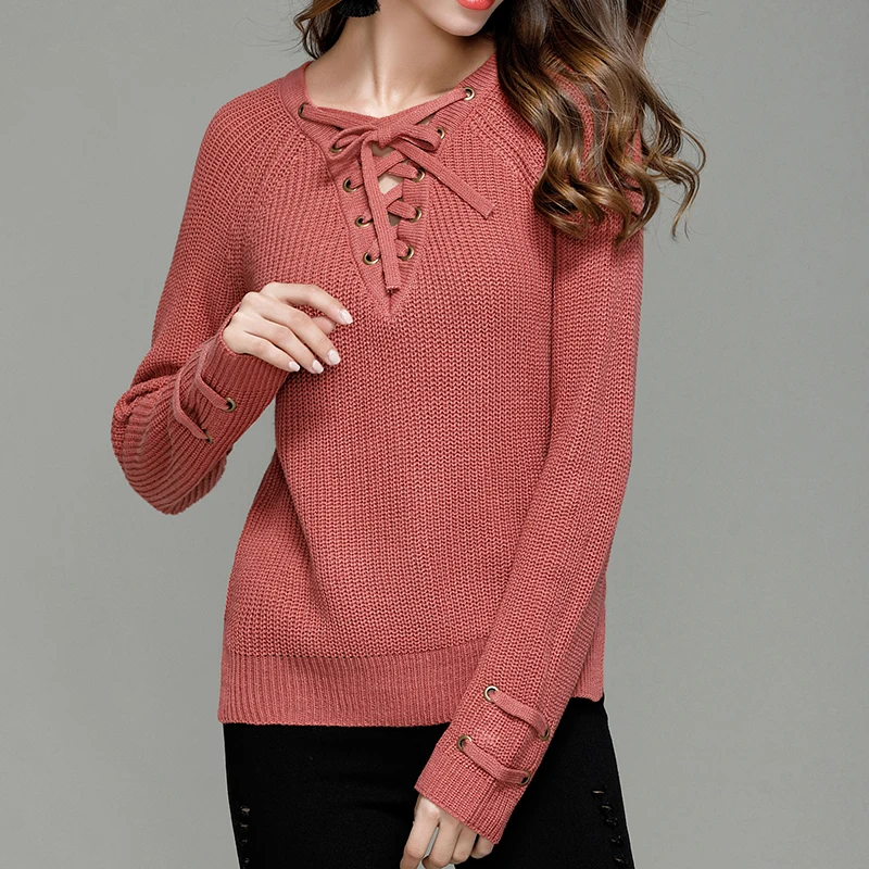 Women Autumn Pullover Fincati 2017 Sexy Lace Up V-Neck Long Sleeves New Solid Color Irregular Split Hem Winter Tops Femme | Женская
