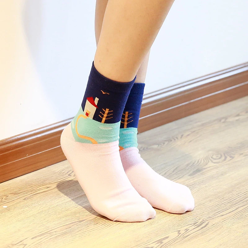 

New Autumn Cartoon House Patterned Art Socks Women Skateboard Harajuku Short Socks Fashion Soft Cotton Socks Low Ankle Funny Sox
