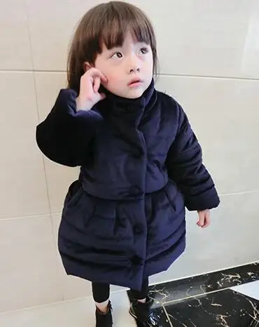 No hat Navy Коллекция года, зимние куртки для девочек велюровые плотные детские пальто теплая парка детская длинная хлопковая стеганая одежда с милым бантом для маленьких девочек - Цвет: No hat Navy