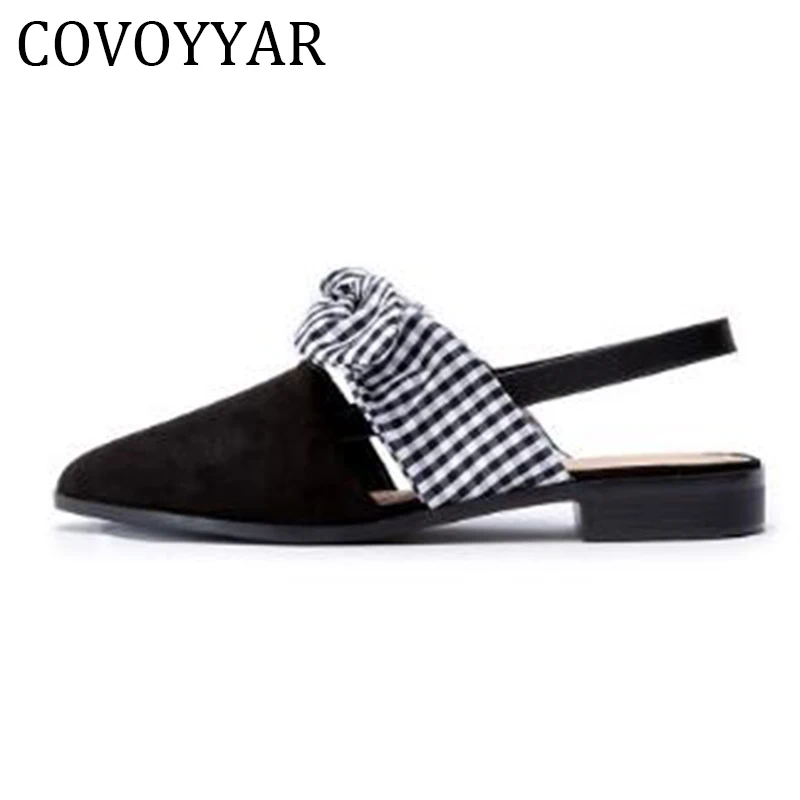 COVOYYAR/ г., летние клетчатые женские босоножки с бантом новые женские босоножки с острым носком и петлей на пятке женская обувь на низком каблуке, WSS843