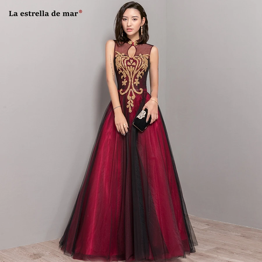 Vestido madrinha, новинка, Тюлевое платье с высокой горловиной, с блестками, ТРАПЕЦИЕВИДНОЕ, бордовое, золотое, изумрудное, зеленое, румяное, розовое, длинное платье подружки невесты
