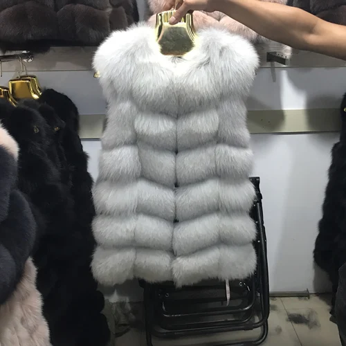 fox natural white Женский жилет из натурального меха лисы Хорошее качество из натурального меха жилеты из лисьего меха зимнее толстое теплое длинное пальто без рукавов из лисьего меха - Цвет: fox natural white