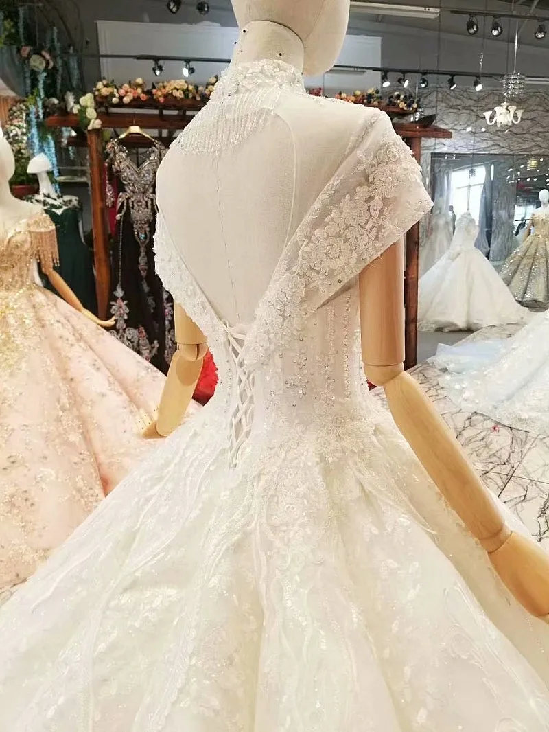 LS850011 free shipping wedding dress short sleeves high neck open keyhole back shiny ball gown count tain robe de soirée longue | Свадьбы и