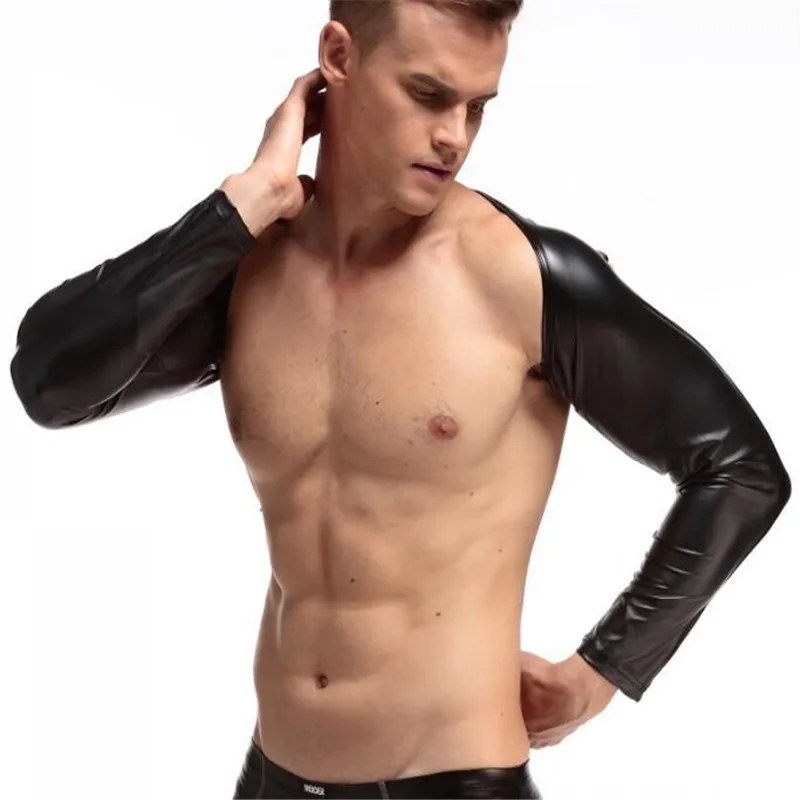 Мужская сексуальная рубашка с длинным рукавом футболки из искусственной кожи