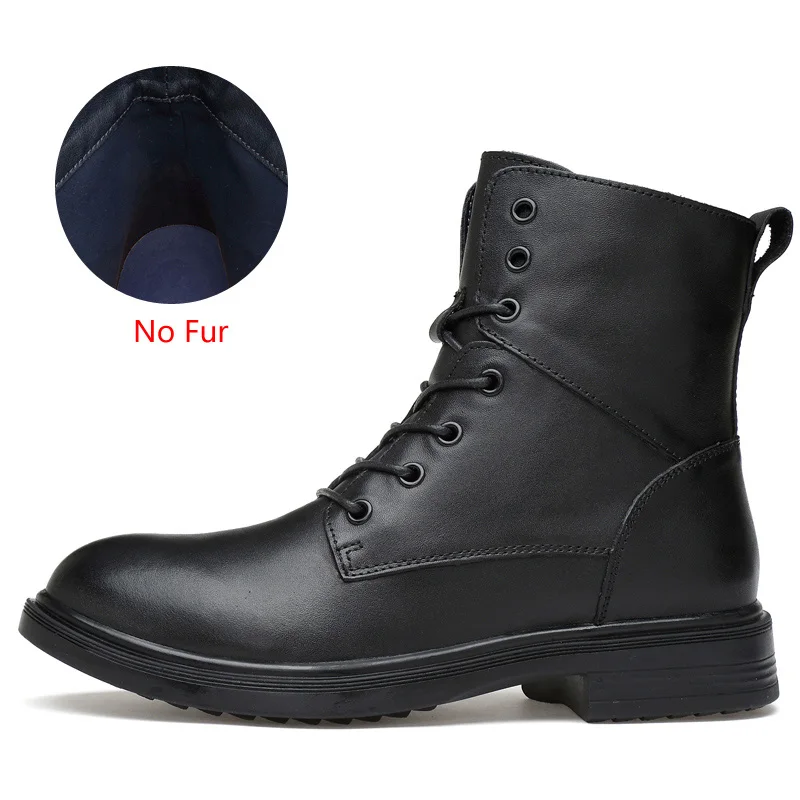 Black No Fur ZIMNIE/ г. Новые мужские кожаные ботинки ботильоны модная мужская брендовая кожаная качественная обувь на шнуровке, мотоциклетные мужские теплые ботинки - Цвет: Black No Fur