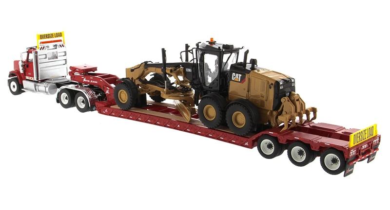 DM-85598 1:50 Международный HX520 тандем день кабина трактор с XL 120 Lowboy трейлер в красном и Cat 12M3 грейдер