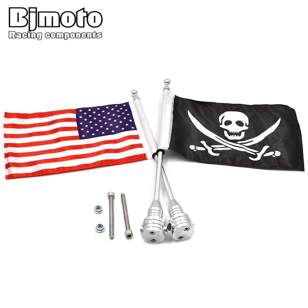 

BJMOTO Motorcycle Rear Luggage Rack Side Mount Flag Pole American USA Skull Flag For Harley Sportster XL 883 1200 Touring Glide