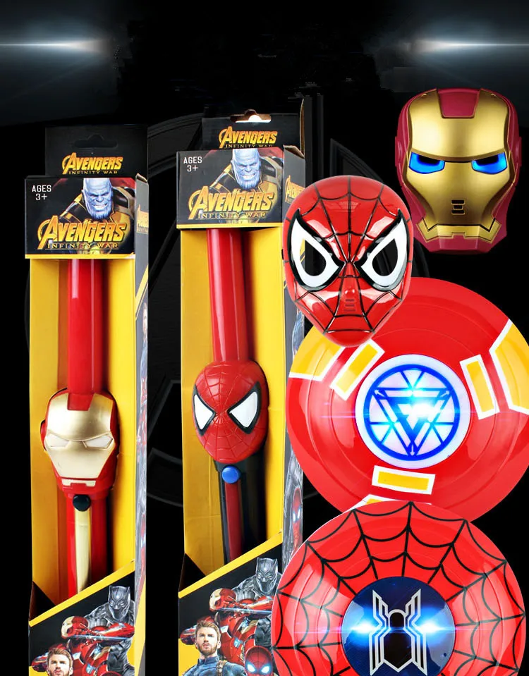 Новейшие игрушки Marvel, Мстители, Железный человек, Фигурка Человека-паука, маска, светодиодный фонарик, Железный человек, игрушечный щит, маска для косплея на Хэллоуин
