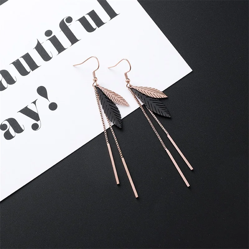 style-3 New Listing Geometric Titanium Steel long Tassel Girl Earrings gold Stainless Steel Triangle leaf Girl Black Jewelry Earrings 1 - Окраска металла: style-3