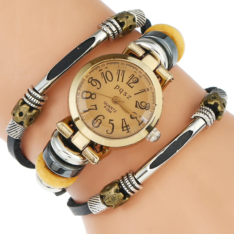 Gnova Platinum Top Genuine Leather Women Watch Arabic Numbers Triple Bracelet Fashion Quartz Wristwatch Reloj Para Dama B028 | Наручные