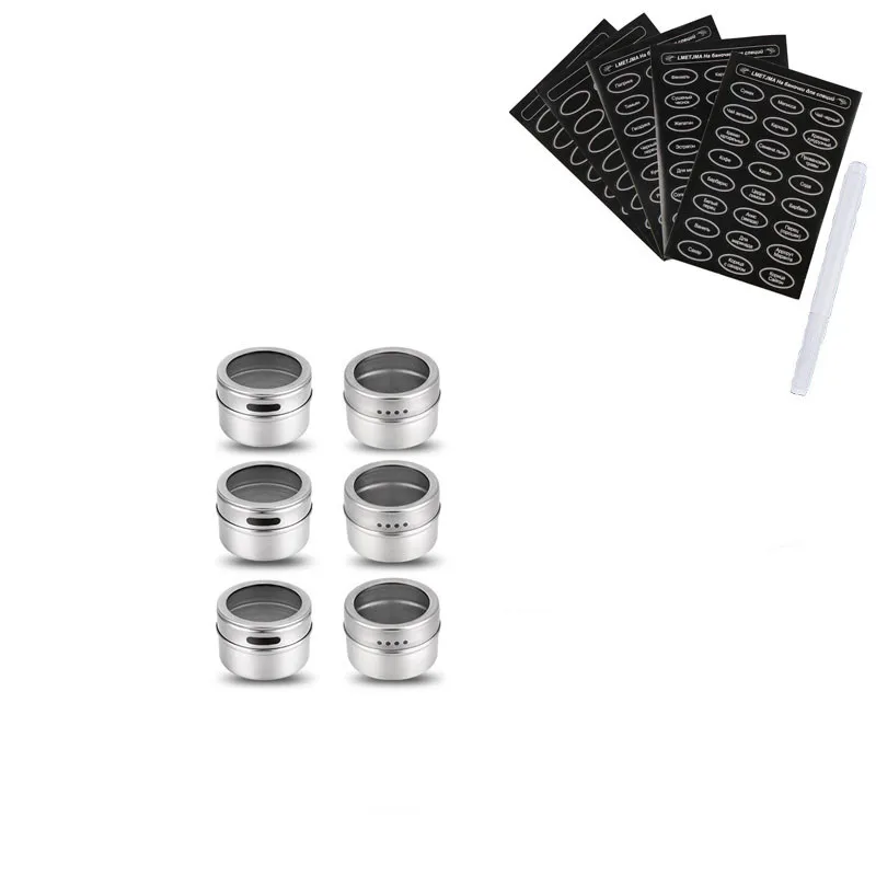 6 pcs LMETJMA Магнитные Банки для специй с русскими этикетками для специй из нержавеющей стали Магнитные Банки для специй набор магнитных на холодильник KC0241 - Цвет: 6 pcs