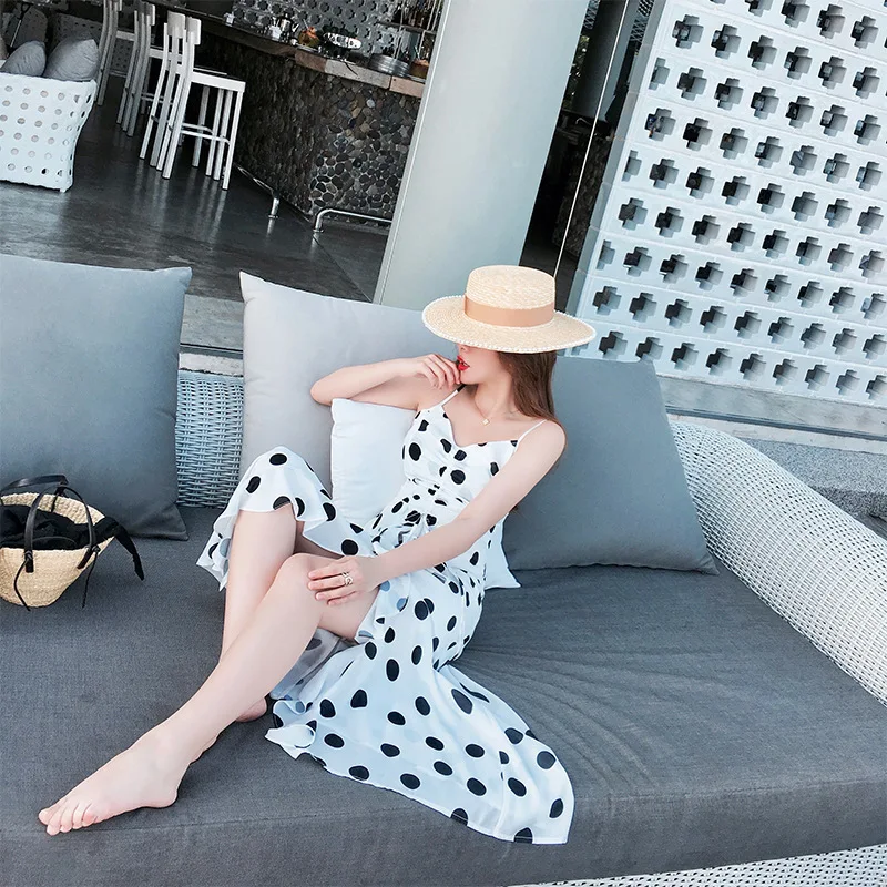 2019 летнее платье на бретелях Boho пляжное в горошек женское шифоновое повседневное Винтаж нерегулярные