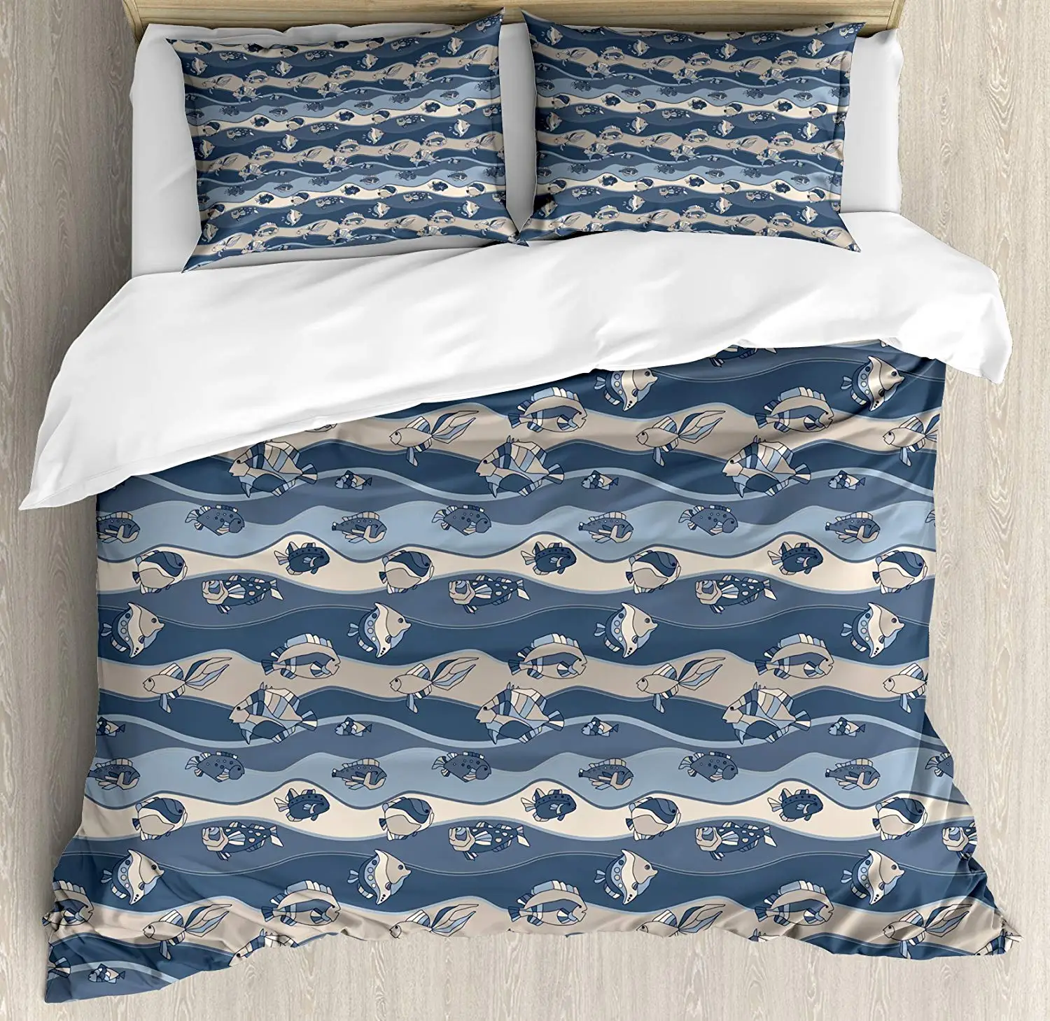 Fish Duvet Cover Set Asian Inspired Geometric Aquarium Animal Pattern Cartoon Style 4 Piece Bedding | Дом и сад