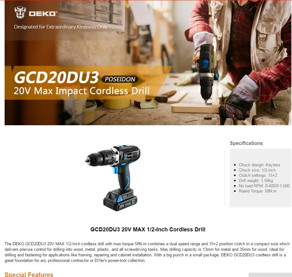 DEKO GCD20DU3 20V MAX Аккумуляторная дрель электрическая отвертка литий-ионный мини-драйвер питания переменная скорость с ударной функцией