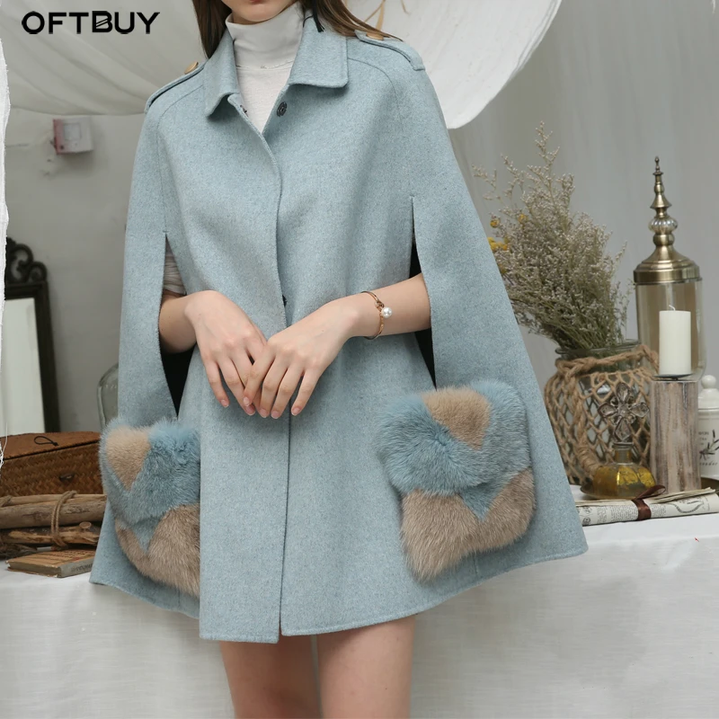 OFTBUY пальто с натуральным мехом, зимняя куртка, Женское шерстяное Свободное пальто, натуральный Лисий мех, с карманами, шерстяная накидка, без рукавов, пальто, уличная одежда