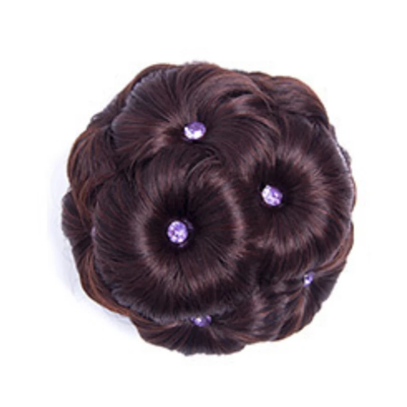 Dark brown purple Макияж булочка вьющиеся волосы Женский Алмаз волос кольцо парик невесты шиньон цветы - Цвет: Dark brown purple