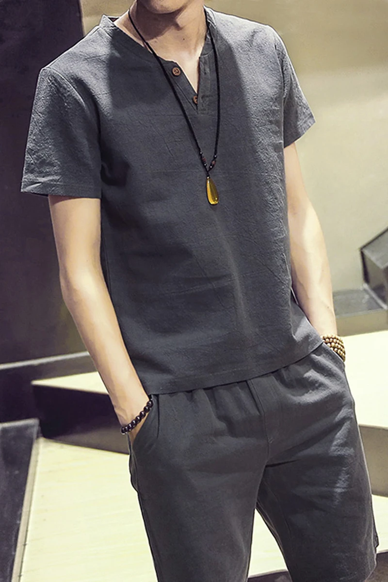 Льняные мужские рубашки и шорты комплекты китайский стиль Homme Vetement приталенная