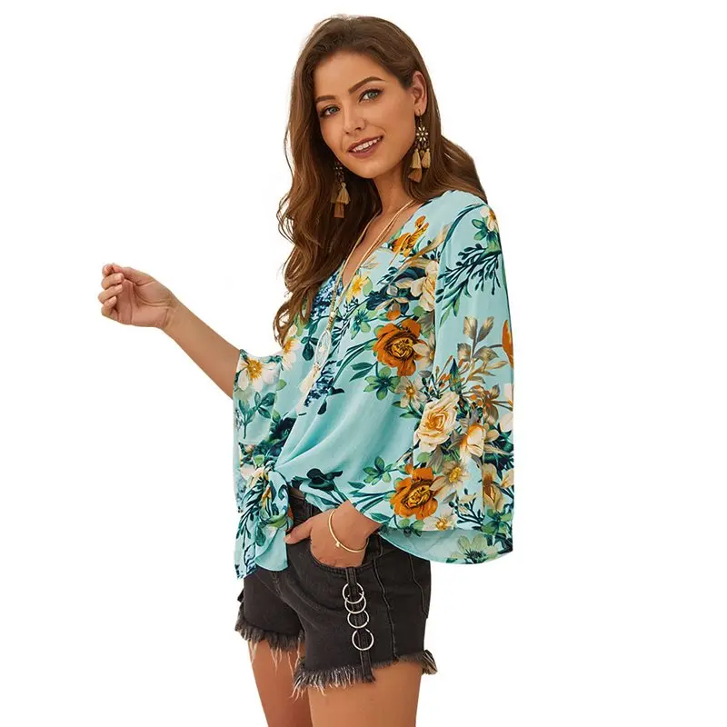Boho пляжный топ Праздничная Повседневная Блузка женская с цветочным принтом