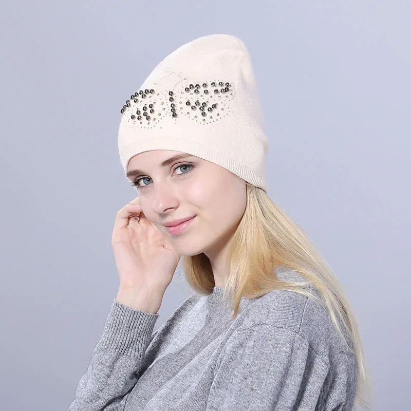 [YARBUU] настоящий шарик из меха норки шляпа для женщин Шерсть skullies beanies бабочка ногтей бусины твердые вязаные шапки для девочек женская Лыжная шапка - Цвет: beige