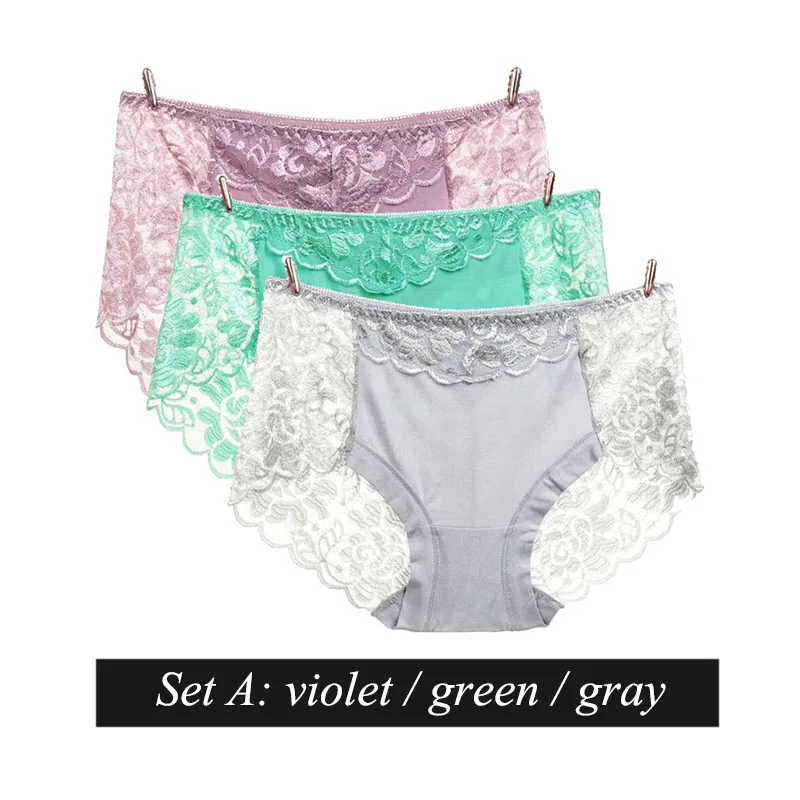 set A BllooBeell, 3 шт., однотонное женское нижнее белье, трусики для девушек, сексуальные кружевные трусы, с вырезом, со средней посадкой, дамское нижнее белье, модал, большой размер XXXL - Цвет: set A
