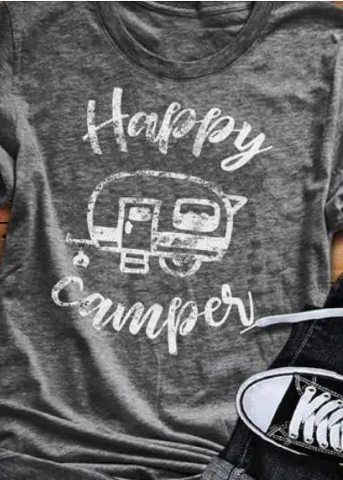 Happy Camper короткий рукав Футболка с круглым вырезом Летняя мода Повседневное 2018