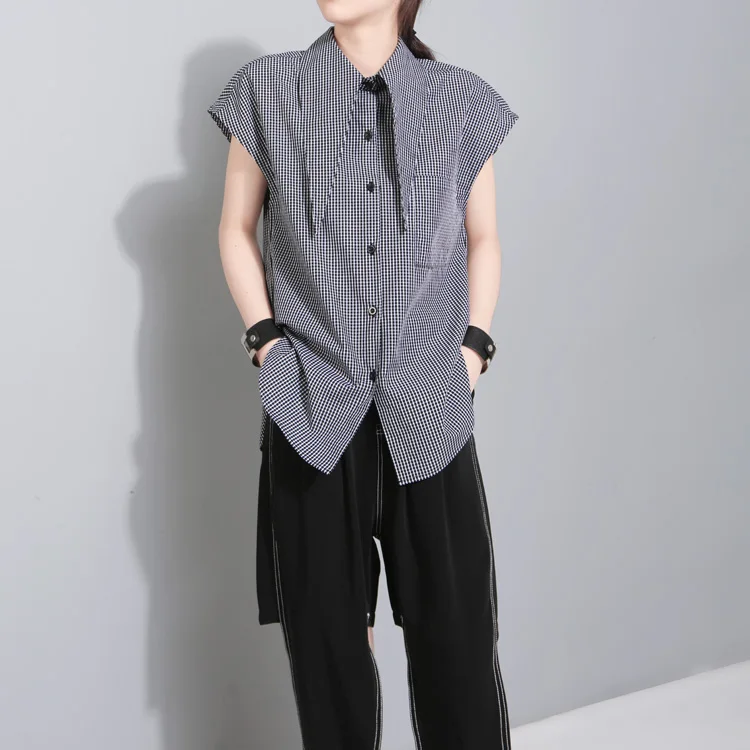 Ifq Лето 2017 г. большой воротник плед рубашка без рукавов Повседневное отложным