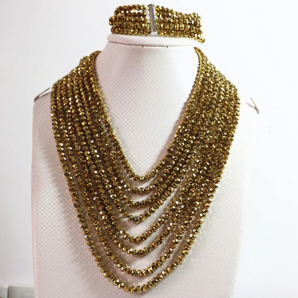 Новая мода золото-цвет стекло 4*6 мм Rondelle Abacus бусины 8 ряд цепи ожерелье 5 браслеты