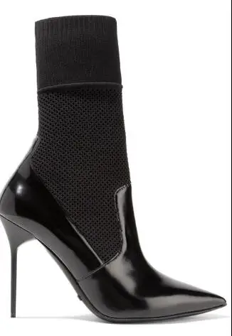 

Hot Selling Women Socks Boots Black Patchwork High Heels Pointed Toe Stilettos Short Botas Slip on Stretchy Heels