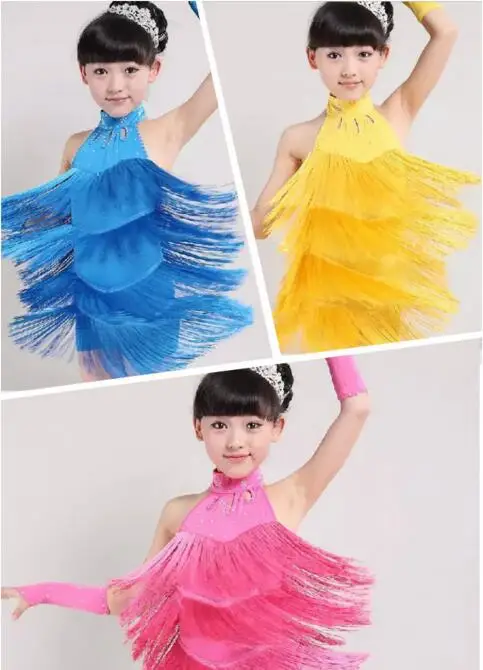 Детские танцевальные костюмы с бахромой платье для девочек голубого желтого и